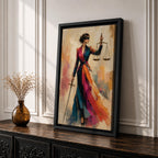 Lady Justice wall art featuring a fashionable blindfolded woman in a flowing colorful couture gown holding scales and a sword, modern Justitia canvas for law office decor.