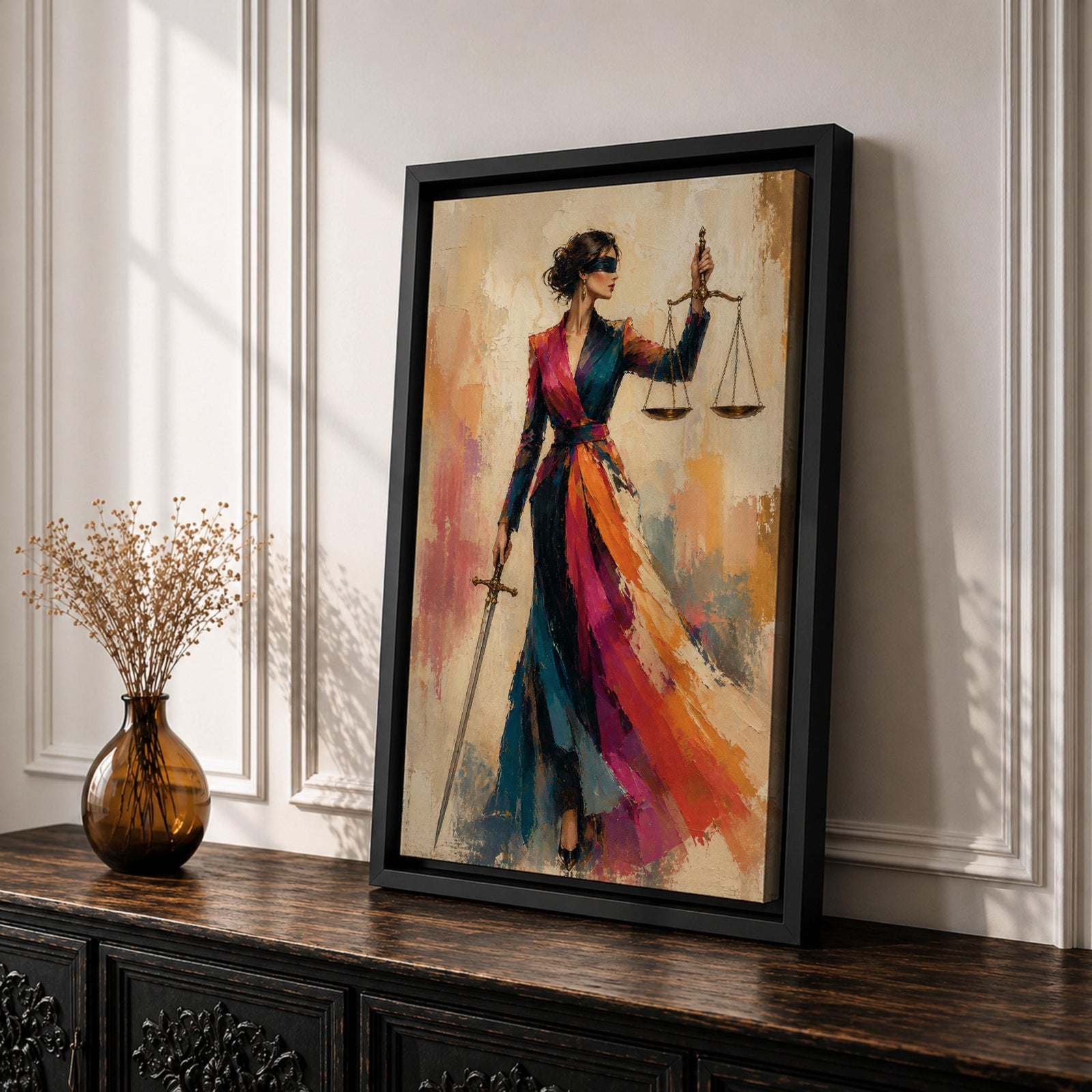 Lady Justice wall art featuring a fashionable blindfolded woman in a flowing colorful couture gown holding scales and a sword, modern Justitia canvas for law office decor.