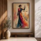 Lady Justice wall art featuring a fashionable blindfolded woman in a flowing colorful couture gown holding scales and a sword, modern Justitia canvas for law office decor.