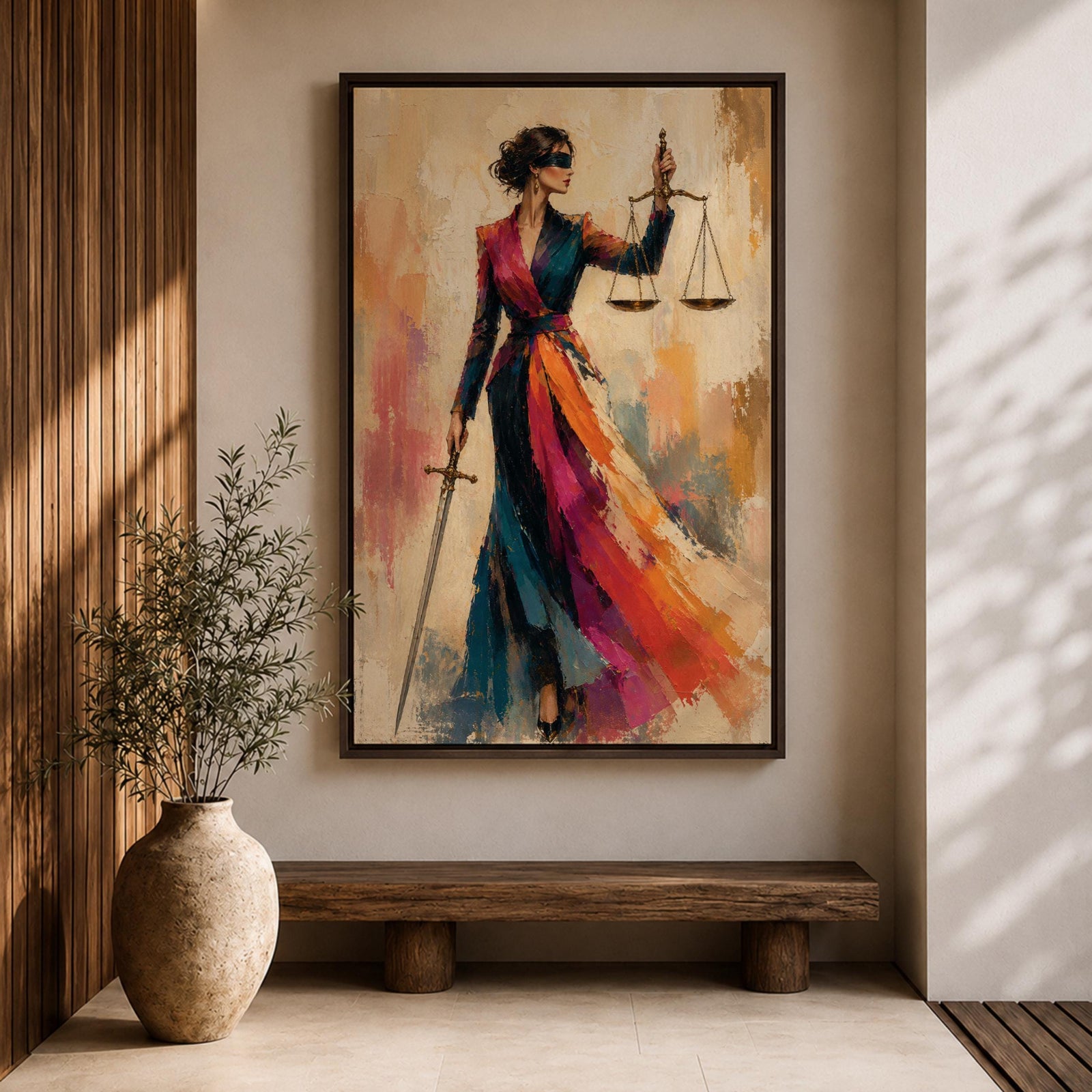 Lady Justice wall art featuring a fashionable blindfolded woman in a flowing colorful couture gown holding scales and a sword, modern Justitia canvas for law office decor.