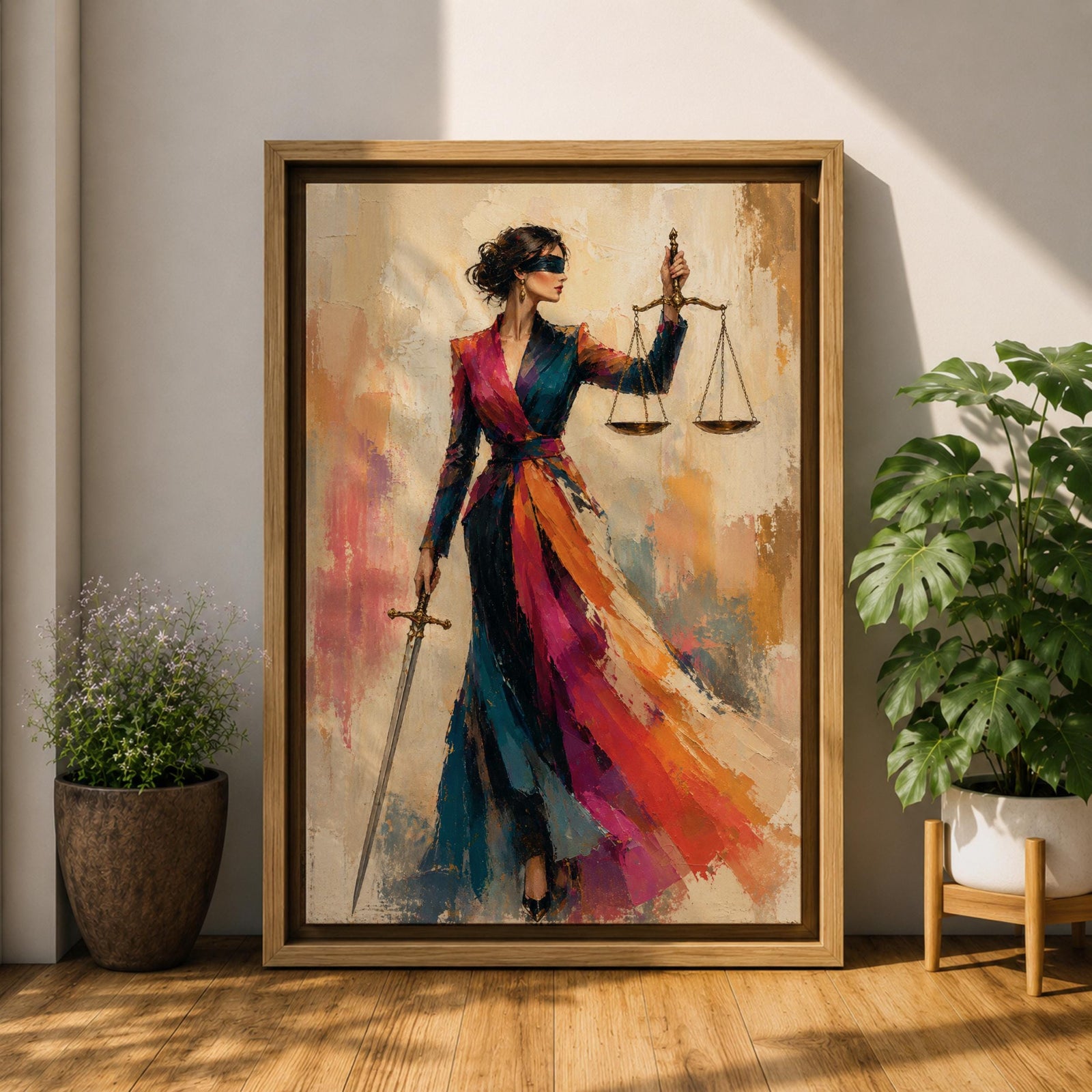 Lady Justice wall art featuring a fashionable blindfolded woman in a flowing colorful couture gown holding scales and a sword, modern Justitia canvas for law office decor.