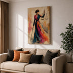 Lady Justice wall art featuring a fashionable blindfolded woman in a flowing colorful couture gown holding scales and a sword, modern Justitia canvas for law office decor.