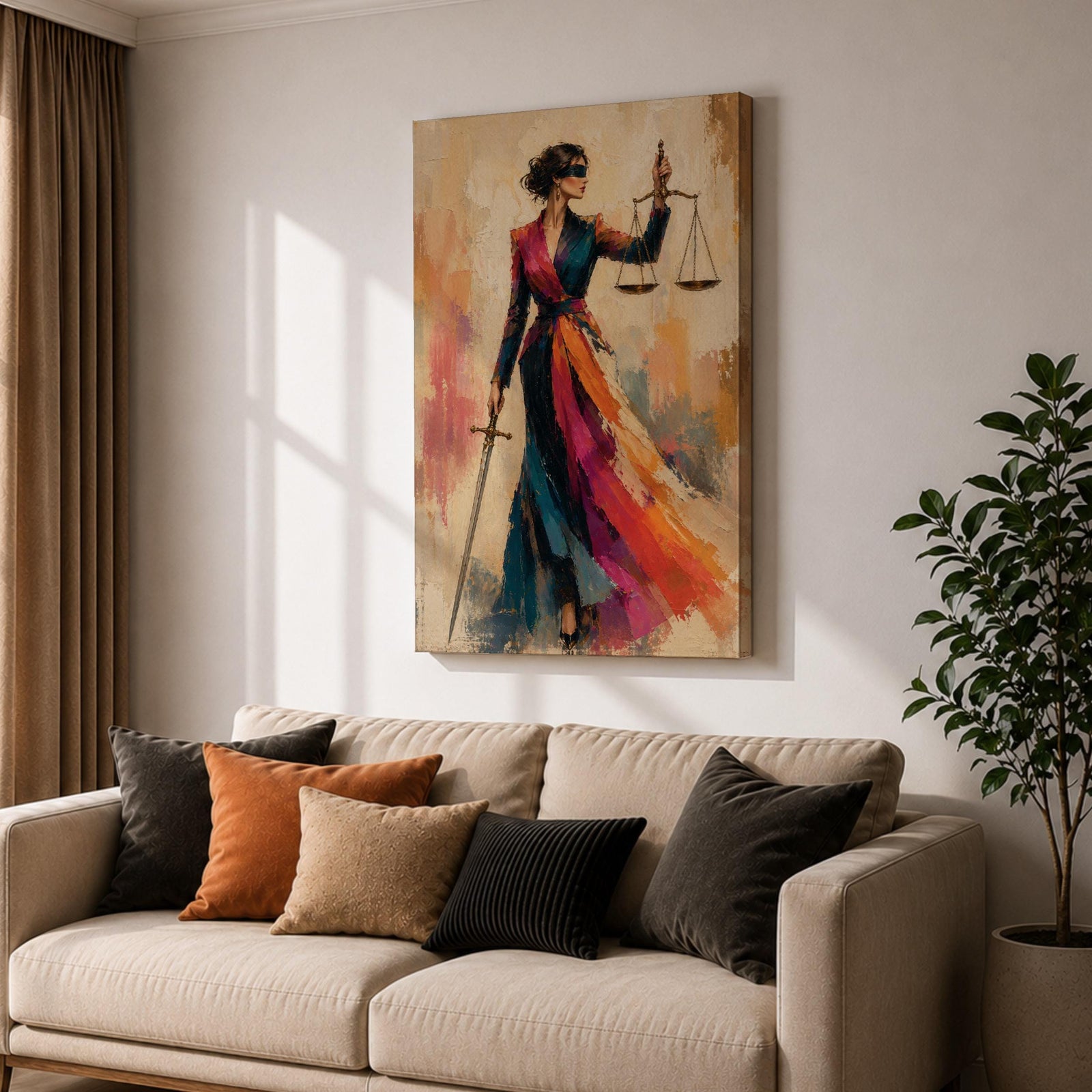 Lady Justice wall art featuring a fashionable blindfolded woman in a flowing colorful couture gown holding scales and a sword, modern Justitia canvas for law office decor.