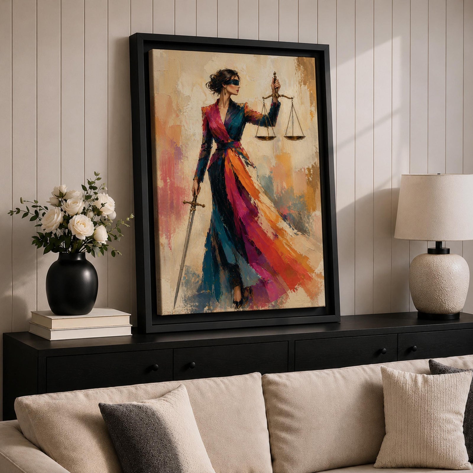Lady Justice wall art featuring a fashionable blindfolded woman in a flowing colorful couture gown holding scales and a sword, modern Justitia canvas for law office decor.