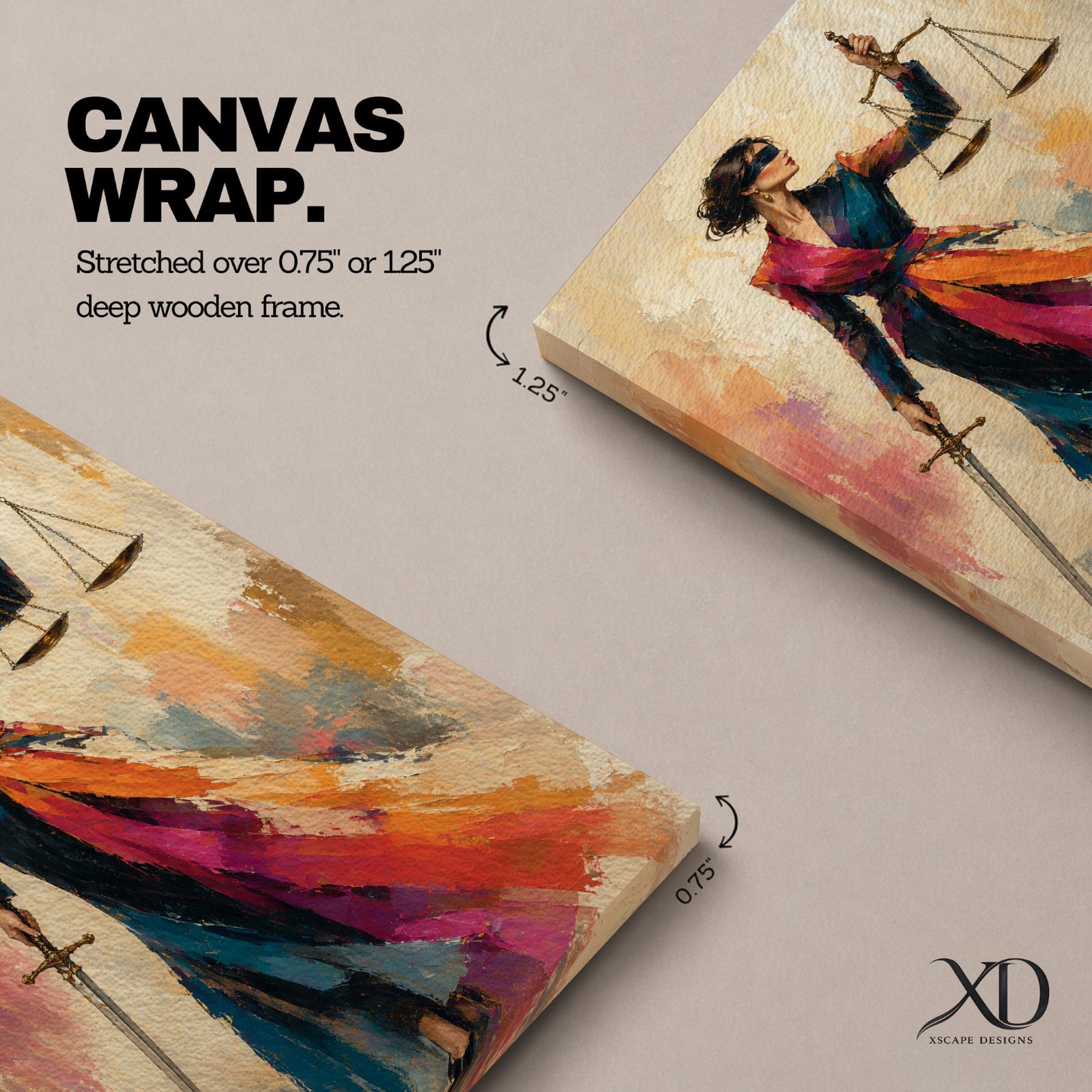 Lady Justice wall art featuring a fashionable blindfolded woman in a flowing colorful couture gown holding scales and a sword, modern Justitia canvas for law office decor.