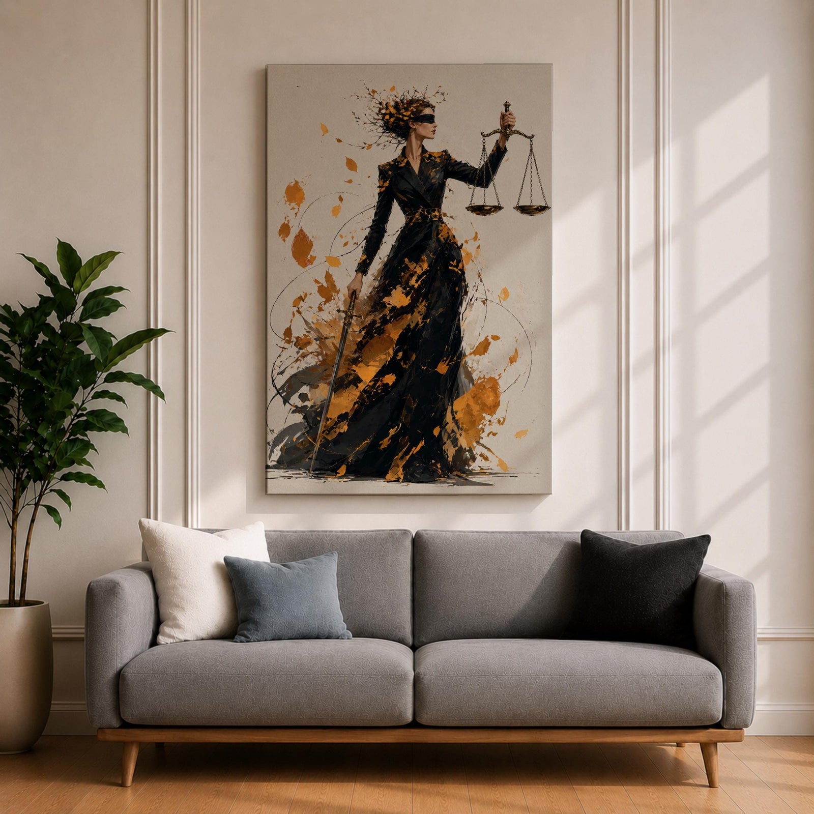 Add sophistication to your legal space with this Lady Justice Wall Art, featuring a striking abstract depiction of the blindfolded goddess holding the scales of justice. Bold gold splashes and expressive brushstrokes create a powerful canvas print for lawyer offices, law firms, and courtrooms.