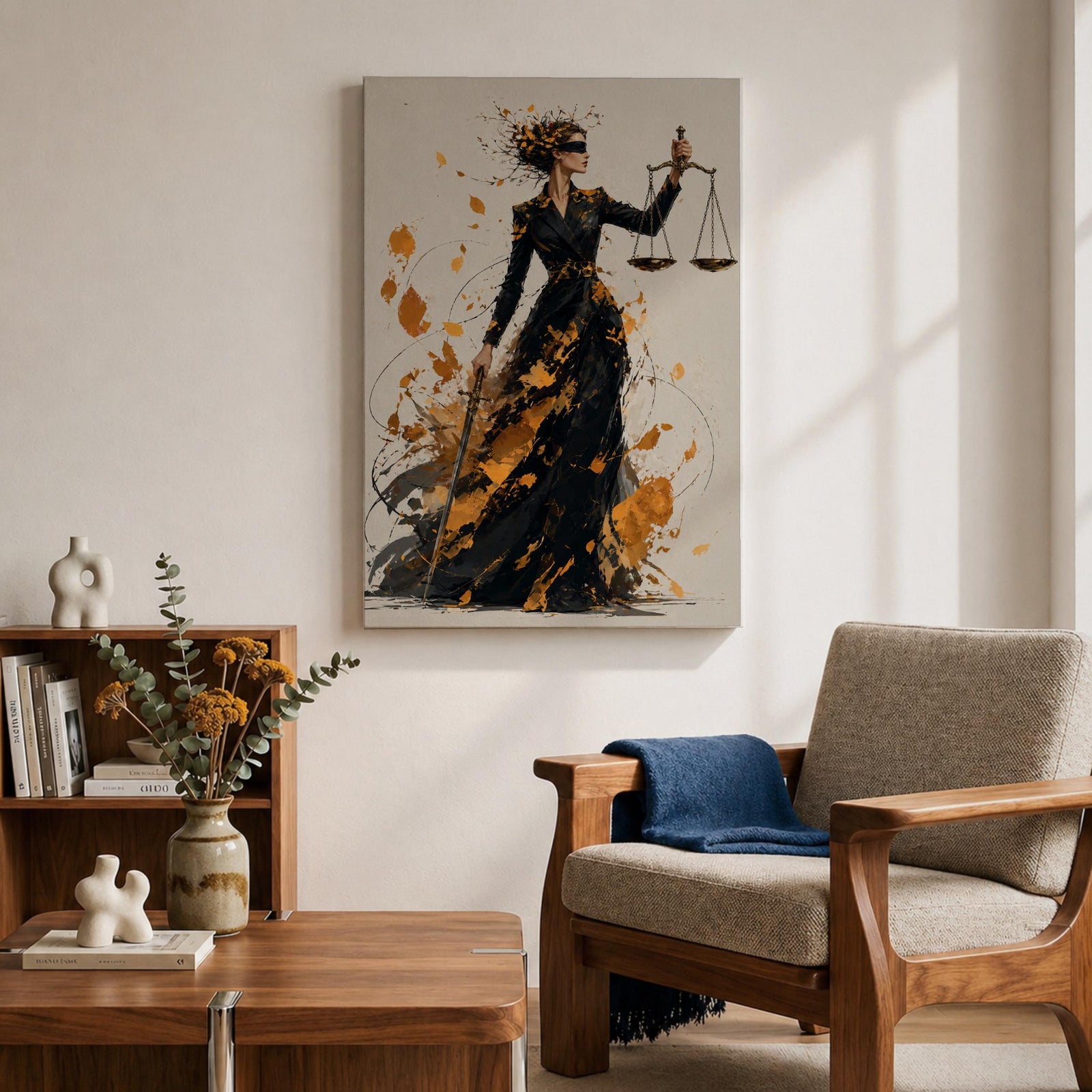 Add sophistication to your legal space with this Lady Justice Wall Art, featuring a striking abstract depiction of the blindfolded goddess holding the scales of justice. Bold gold splashes and expressive brushstrokes create a powerful canvas print for lawyer offices, law firms, and courtrooms.