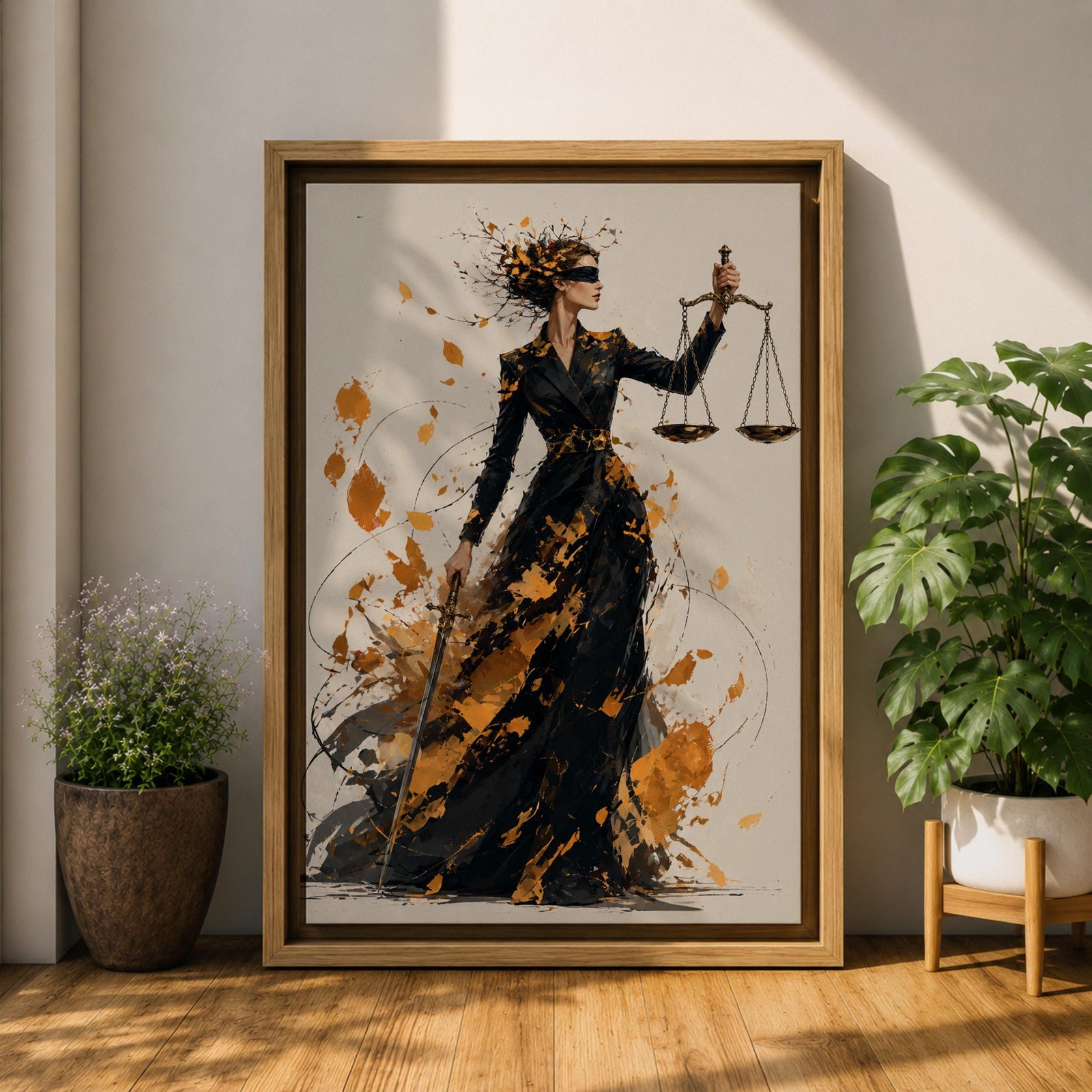 Add sophistication to your legal space with this Lady Justice Wall Art, featuring a striking abstract depiction of the blindfolded goddess holding the scales of justice. Bold gold splashes and expressive brushstrokes create a powerful canvas print for lawyer offices, law firms, and courtrooms.