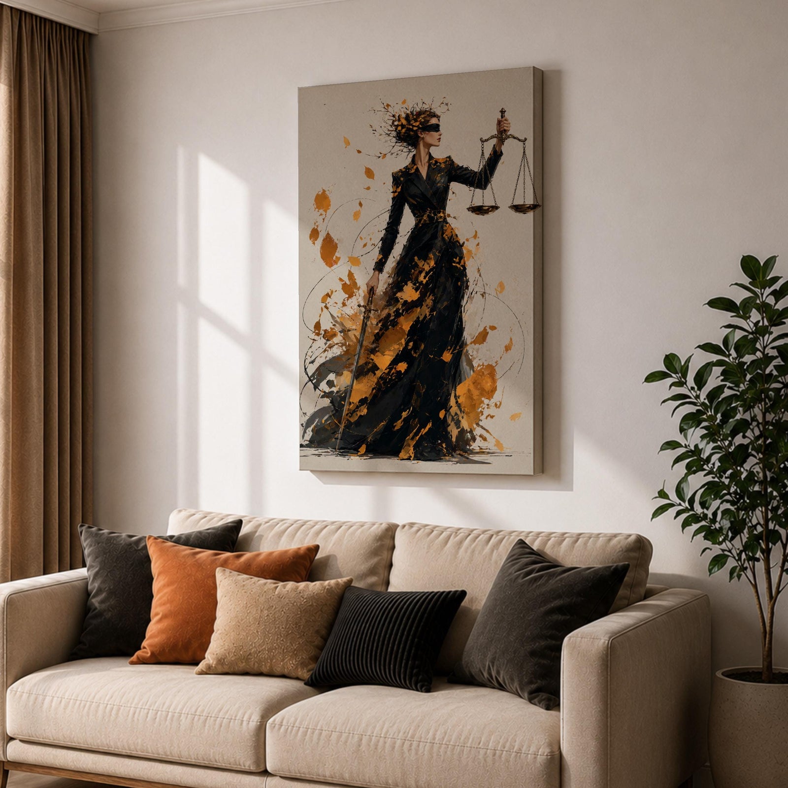 Add sophistication to your legal space with this Lady Justice Wall Art, featuring a striking abstract depiction of the blindfolded goddess holding the scales of justice. Bold gold splashes and expressive brushstrokes create a powerful canvas print for lawyer offices, law firms, and courtrooms.