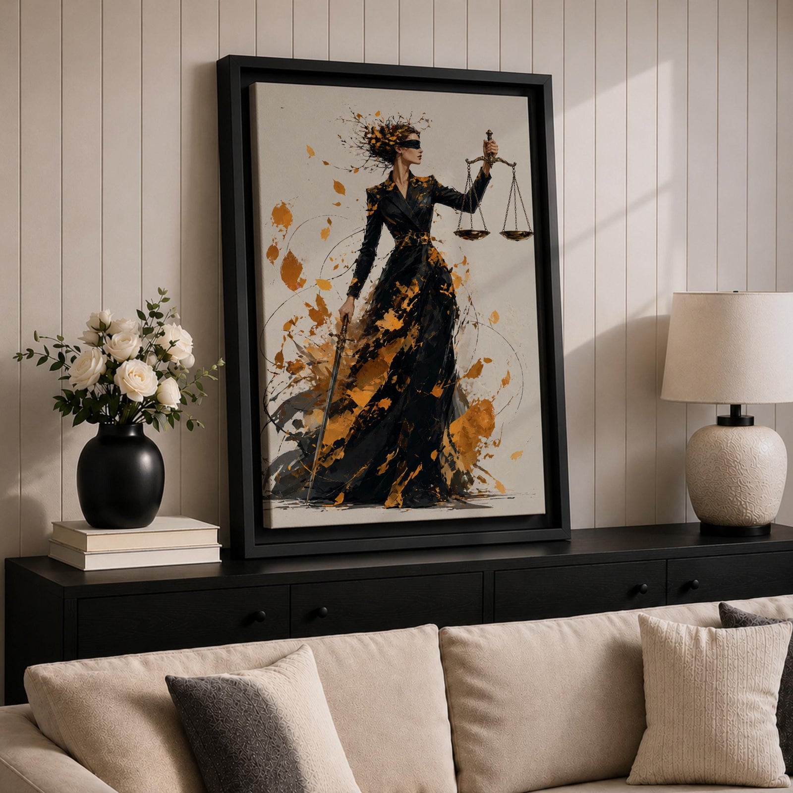 Add sophistication to your legal space with this Lady Justice Wall Art, featuring a striking abstract depiction of the blindfolded goddess holding the scales of justice. Bold gold splashes and expressive brushstrokes create a powerful canvas print for lawyer offices, law firms, and courtrooms.