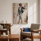 Modern Lady Justice wall art featuring a stylish woman in sunglasses, polka dot blazer, ripped jeans, and heels holding scales and a sword in a fashion-inspired legal portrait.
