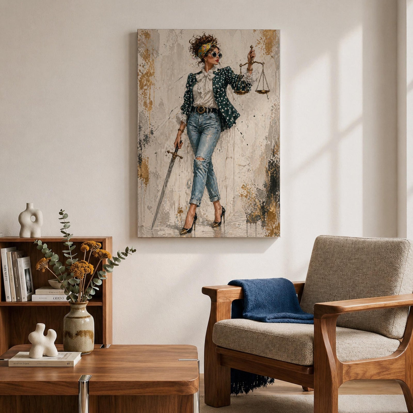 Modern Lady Justice wall art featuring a stylish woman in sunglasses, polka dot blazer, ripped jeans, and heels holding scales and a sword in a fashion-inspired legal portrait.