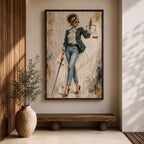 Modern Lady Justice wall art featuring a stylish woman in sunglasses, polka dot blazer, ripped jeans, and heels holding scales and a sword in a fashion-inspired legal portrait.