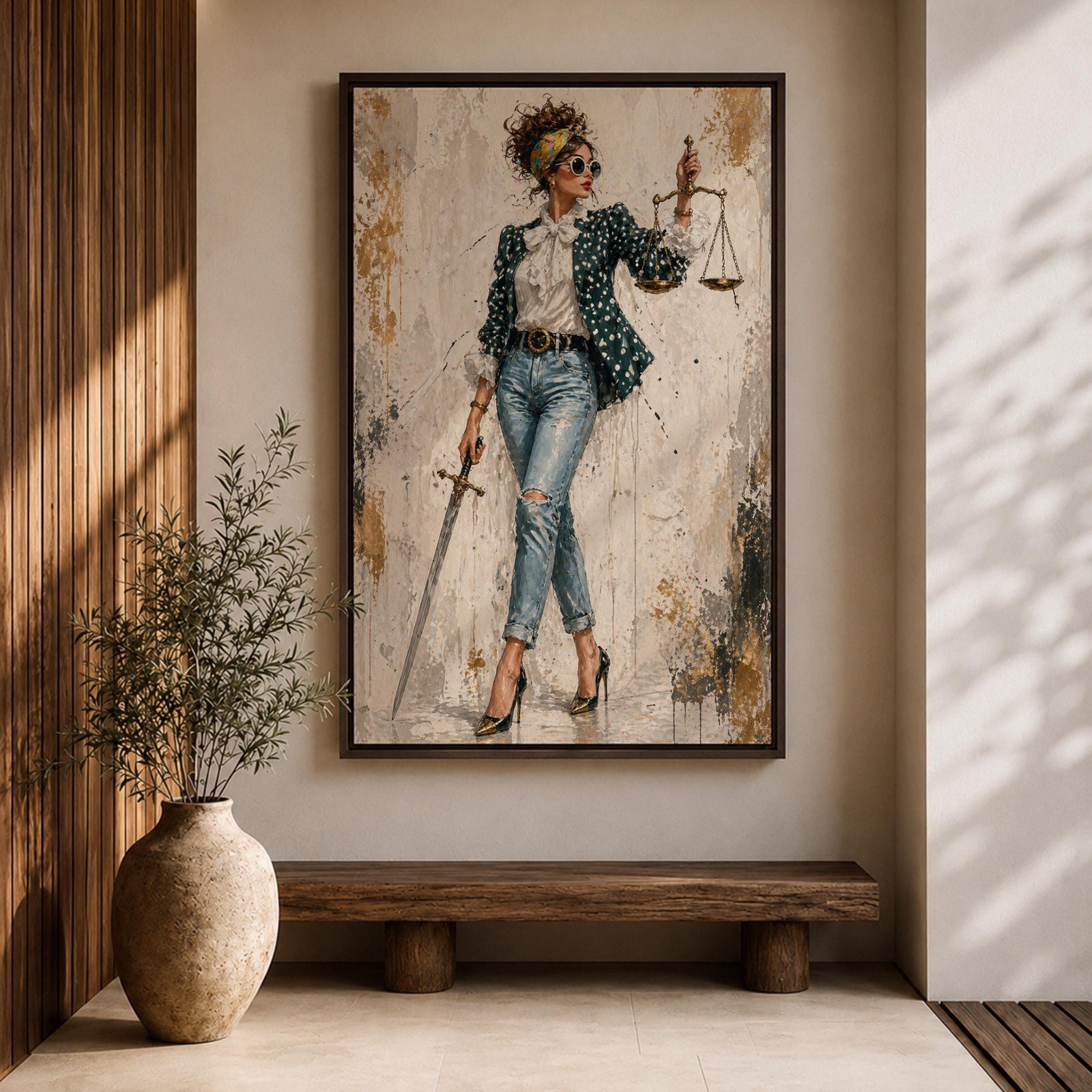 Modern Lady Justice wall art featuring a stylish woman in sunglasses, polka dot blazer, ripped jeans, and heels holding scales and a sword in a fashion-inspired legal portrait.