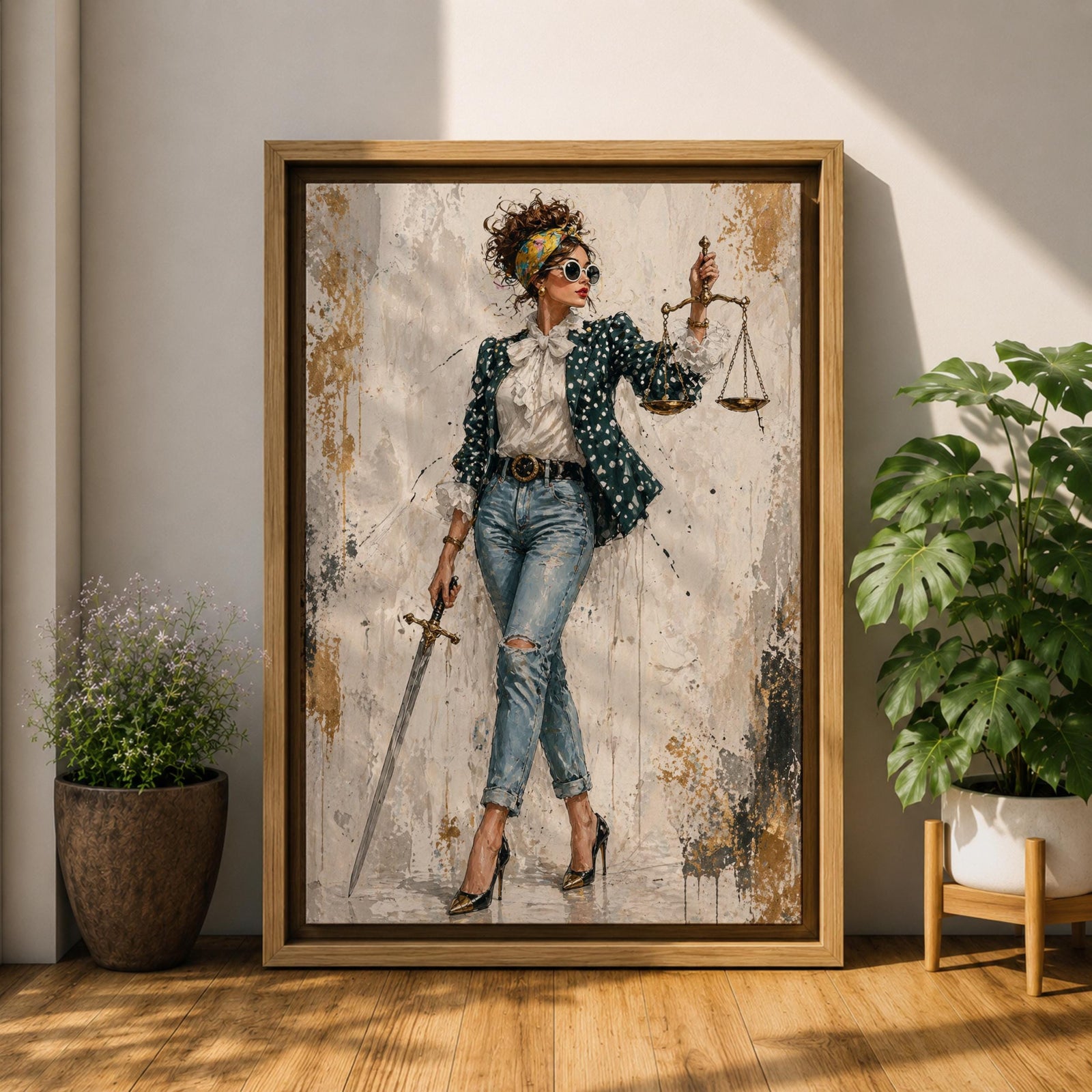 Modern Lady Justice wall art featuring a stylish woman in sunglasses, polka dot blazer, ripped jeans, and heels holding scales and a sword in a fashion-inspired legal portrait.
