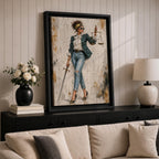Modern Lady Justice wall art featuring a stylish woman in sunglasses, polka dot blazer, ripped jeans, and heels holding scales and a sword in a fashion-inspired legal portrait.