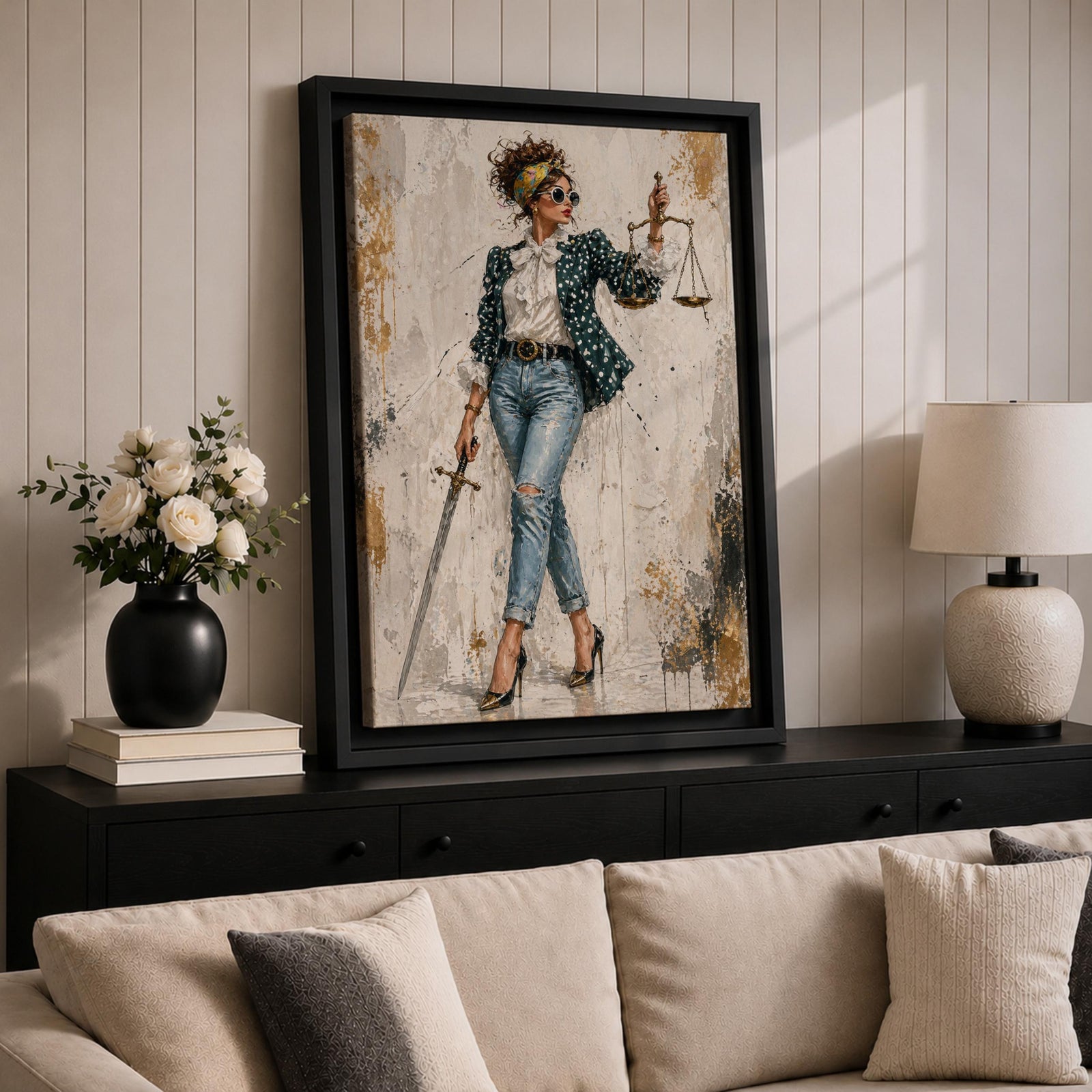Modern Lady Justice wall art featuring a stylish woman in sunglasses, polka dot blazer, ripped jeans, and heels holding scales and a sword in a fashion-inspired legal portrait.