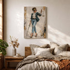 Modern Lady Justice wall art featuring a stylish woman in sunglasses, polka dot blazer, ripped jeans, and heels holding scales and a sword in a fashion-inspired legal portrait.