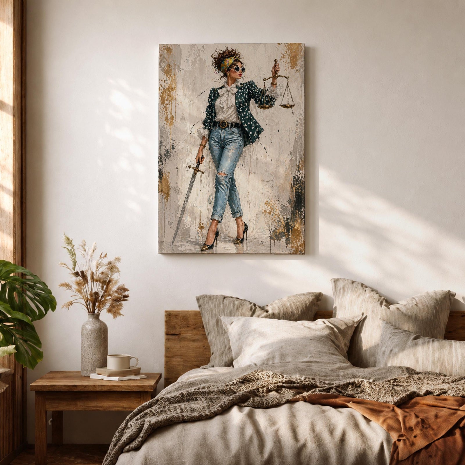 Modern Lady Justice wall art featuring a stylish woman in sunglasses, polka dot blazer, ripped jeans, and heels holding scales and a sword in a fashion-inspired legal portrait.