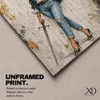 Modern Lady Justice wall art featuring a stylish woman in sunglasses, polka dot blazer, ripped jeans, and heels holding scales and a sword in a fashion-inspired legal portrait.