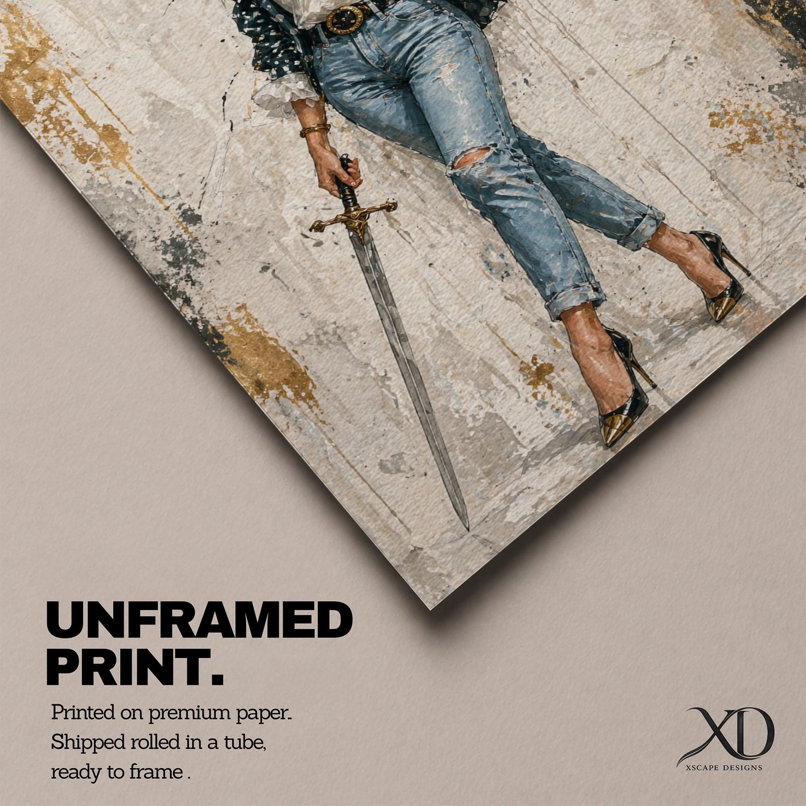 Modern Lady Justice wall art featuring a stylish woman in sunglasses, polka dot blazer, ripped jeans, and heels holding scales and a sword in a fashion-inspired legal portrait.