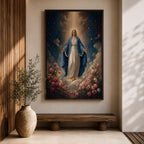 Honor your faith with this Virgin Mary Wall Art, featuring the Blessed Mother surrounded by blooming roses beneath radiant heavenly light. This elegant floral canvas print brings peace, grace, and timeless beauty to Catholic homes, prayer rooms, and sacred spaces.