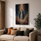 Honor your faith with this Virgin Mary Wall Art, featuring the Blessed Mother surrounded by blooming roses beneath radiant heavenly light. This elegant floral canvas print brings peace, grace, and timeless beauty to Catholic homes, prayer rooms, and sacred spaces.
