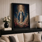 Honor your faith with this Virgin Mary Wall Art, featuring the Blessed Mother surrounded by blooming roses beneath radiant heavenly light. This elegant floral canvas print brings peace, grace, and timeless beauty to Catholic homes, prayer rooms, and sacred spaces.
