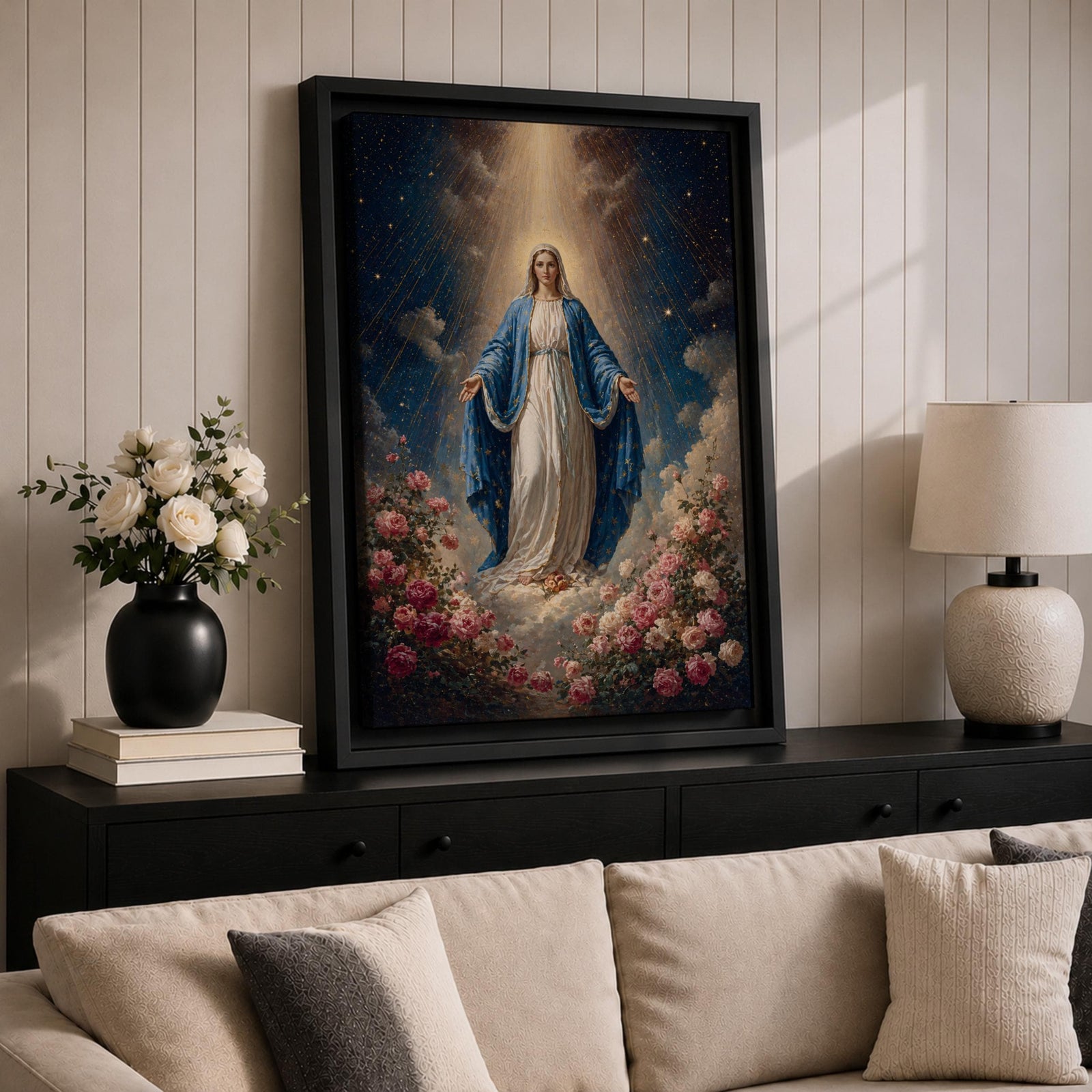 Honor your faith with this Virgin Mary Wall Art, featuring the Blessed Mother surrounded by blooming roses beneath radiant heavenly light. This elegant floral canvas print brings peace, grace, and timeless beauty to Catholic homes, prayer rooms, and sacred spaces.