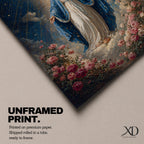 Honor your faith with this Virgin Mary Wall Art, featuring the Blessed Mother surrounded by blooming roses beneath radiant heavenly light. This elegant floral canvas print brings peace, grace, and timeless beauty to Catholic homes, prayer rooms, and sacred spaces.
