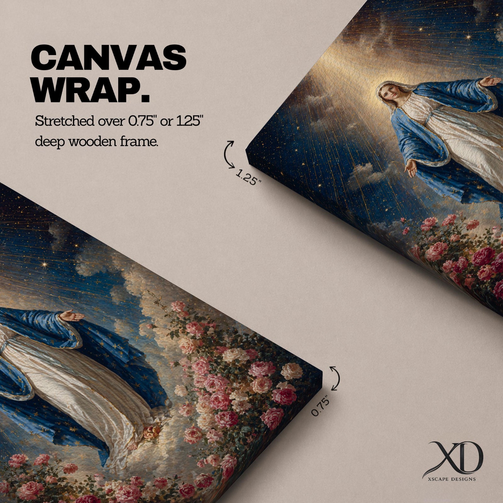 Honor your faith with this Virgin Mary Wall Art, featuring the Blessed Mother surrounded by blooming roses beneath radiant heavenly light. This elegant floral canvas print brings peace, grace, and timeless beauty to Catholic homes, prayer rooms, and sacred spaces.
