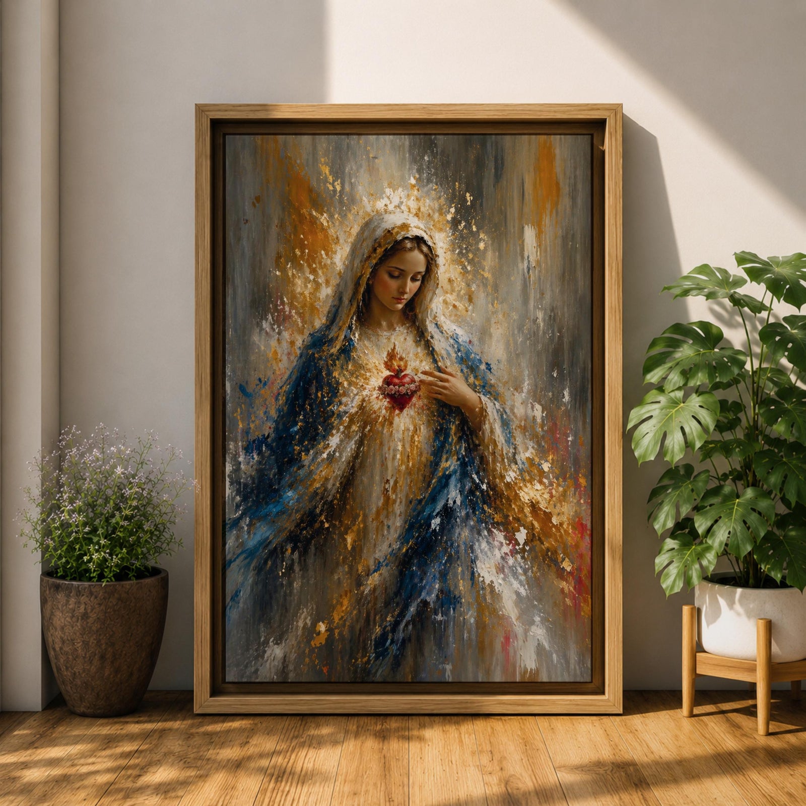Inspire faith and peace with this Sacred Heart of Mary Wall Art, featuring the Blessed Virgin Mary with a radiant glowing halo and the Immaculate Heart in an expressive impressionist style. Rich blue and gold tones create a timeless Catholic canvas print perfect for prayer rooms, home altars, churches, or sacred spaces.