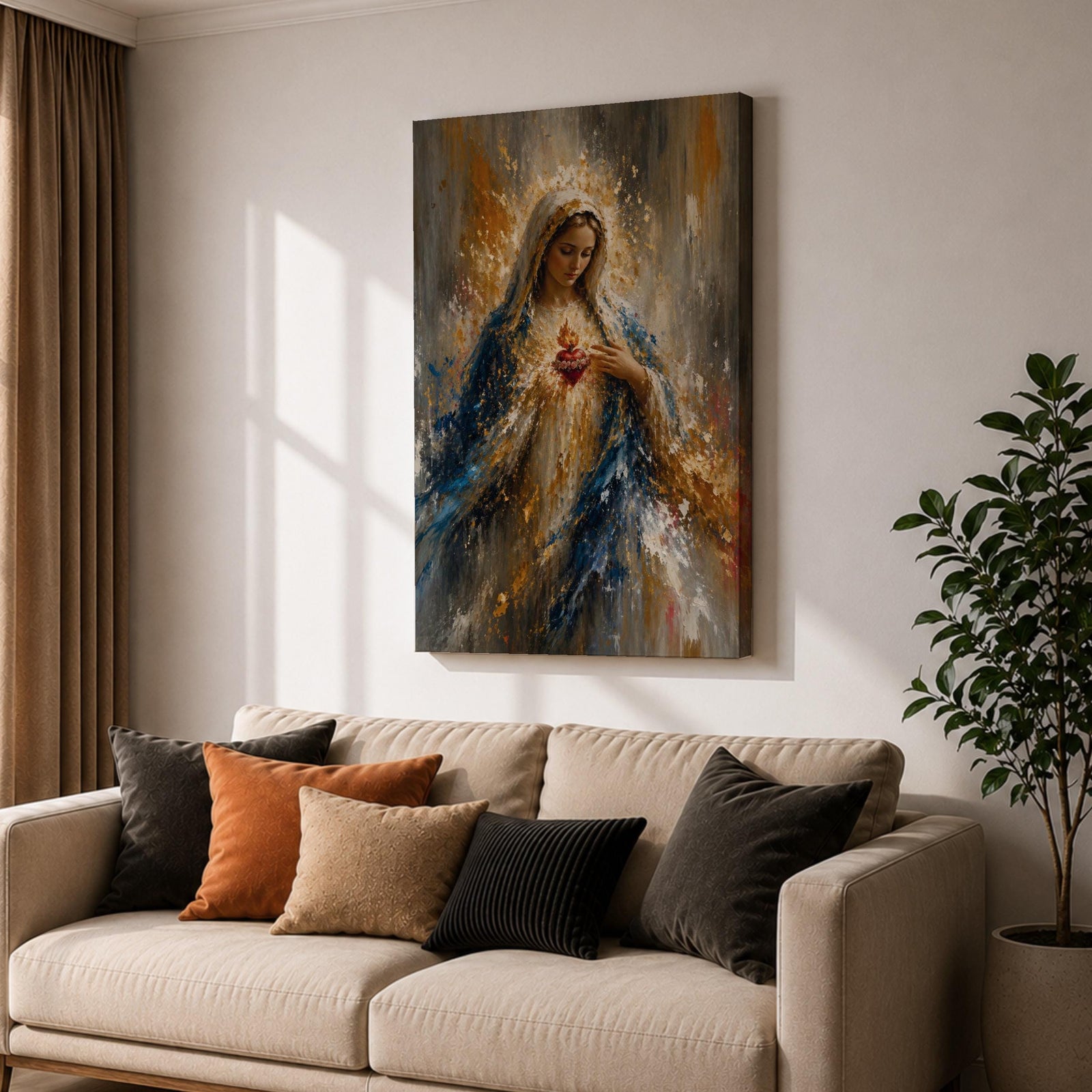 Inspire faith and peace with this Sacred Heart of Mary Wall Art, featuring the Blessed Virgin Mary with a radiant glowing halo and the Immaculate Heart in an expressive impressionist style. Rich blue and gold tones create a timeless Catholic canvas print perfect for prayer rooms, home altars, churches, or sacred spaces.