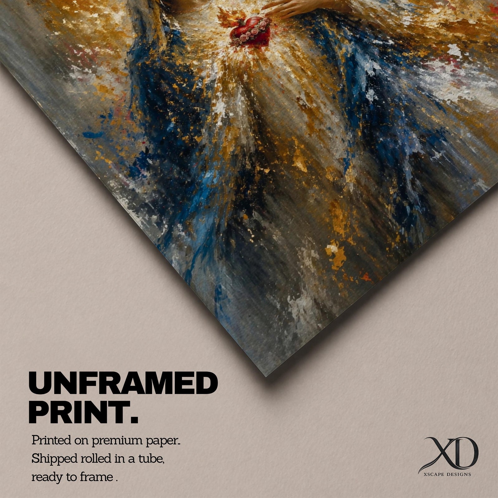Inspire faith and peace with this Sacred Heart of Mary Wall Art, featuring the Blessed Virgin Mary with a radiant glowing halo and the Immaculate Heart in an expressive impressionist style. Rich blue and gold tones create a timeless Catholic canvas print perfect for prayer rooms, home altars, churches, or sacred spaces.