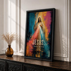 Divine Mercy wall art featuring Jesus Christ with radiant red and blue mercy rays and the words “Jesus, I Trust in You.” This contemporary Christian artwork combines bold abstract textures, vibrant colors, and devotional symbolism, creating an inspiring focal point for faith-filled interiors.