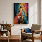Divine Mercy wall art featuring Jesus Christ with radiant red and blue mercy rays and the words “Jesus, I Trust in You.” This contemporary Christian artwork combines bold abstract textures, vibrant colors, and devotional symbolism, creating an inspiring focal point for faith-filled interiors.