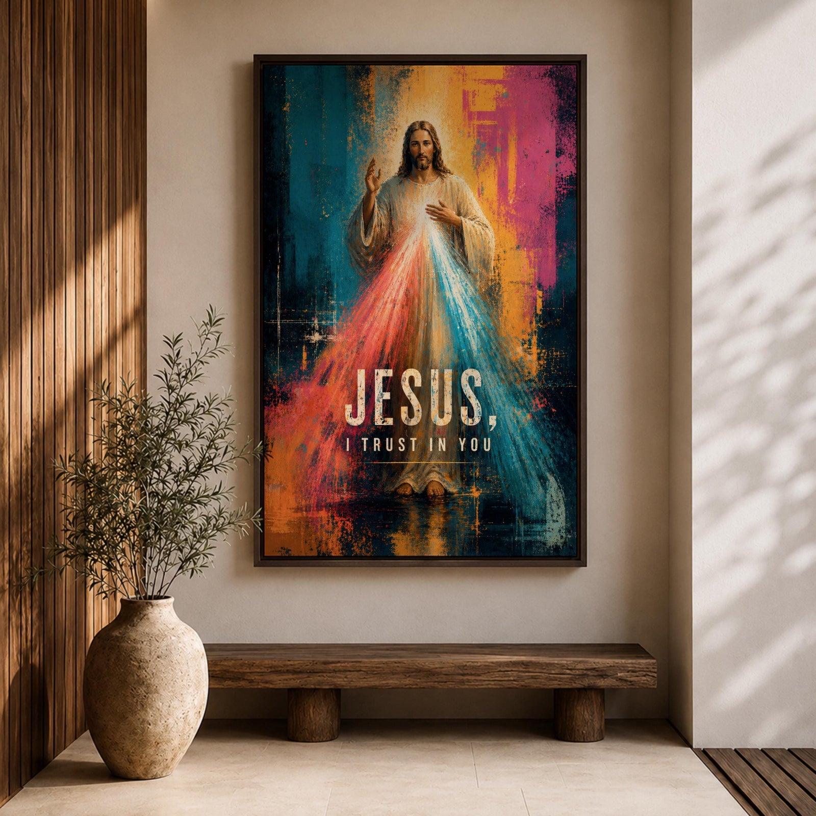 Divine Mercy wall art featuring Jesus Christ with radiant red and blue mercy rays and the words “Jesus, I Trust in You.” This contemporary Christian artwork combines bold abstract textures, vibrant colors, and devotional symbolism, creating an inspiring focal point for faith-filled interiors.