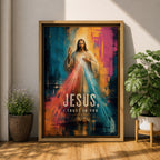 Divine Mercy wall art featuring Jesus Christ with radiant red and blue mercy rays and the words “Jesus, I Trust in You.” This contemporary Christian artwork combines bold abstract textures, vibrant colors, and devotional symbolism, creating an inspiring focal point for faith-filled interiors.