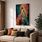 Divine Mercy wall art featuring Jesus Christ with radiant red and blue mercy rays and the words “Jesus, I Trust in You.” This contemporary Christian artwork combines bold abstract textures, vibrant colors, and devotional symbolism, creating an inspiring focal point for faith-filled interiors.