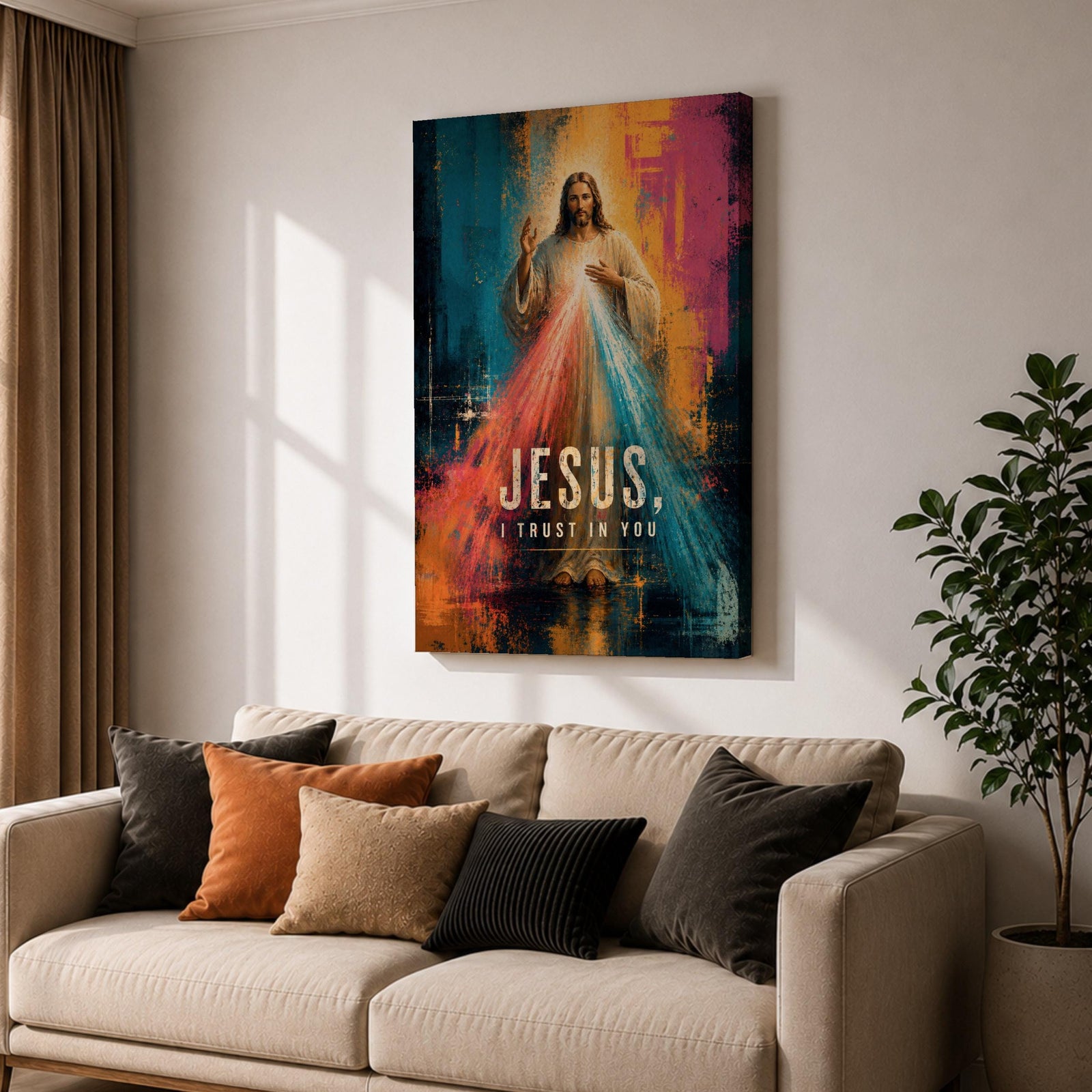 Divine Mercy wall art featuring Jesus Christ with radiant red and blue mercy rays and the words “Jesus, I Trust in You.” This contemporary Christian artwork combines bold abstract textures, vibrant colors, and devotional symbolism, creating an inspiring focal point for faith-filled interiors.