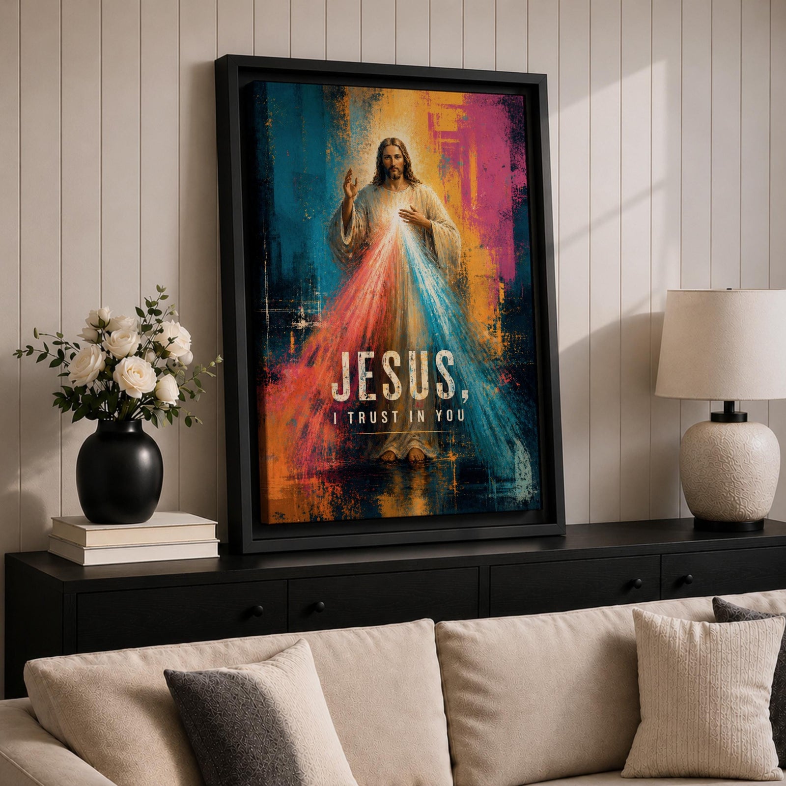 Divine Mercy wall art featuring Jesus Christ with radiant red and blue mercy rays and the words “Jesus, I Trust in You.” This contemporary Christian artwork combines bold abstract textures, vibrant colors, and devotional symbolism, creating an inspiring focal point for faith-filled interiors.