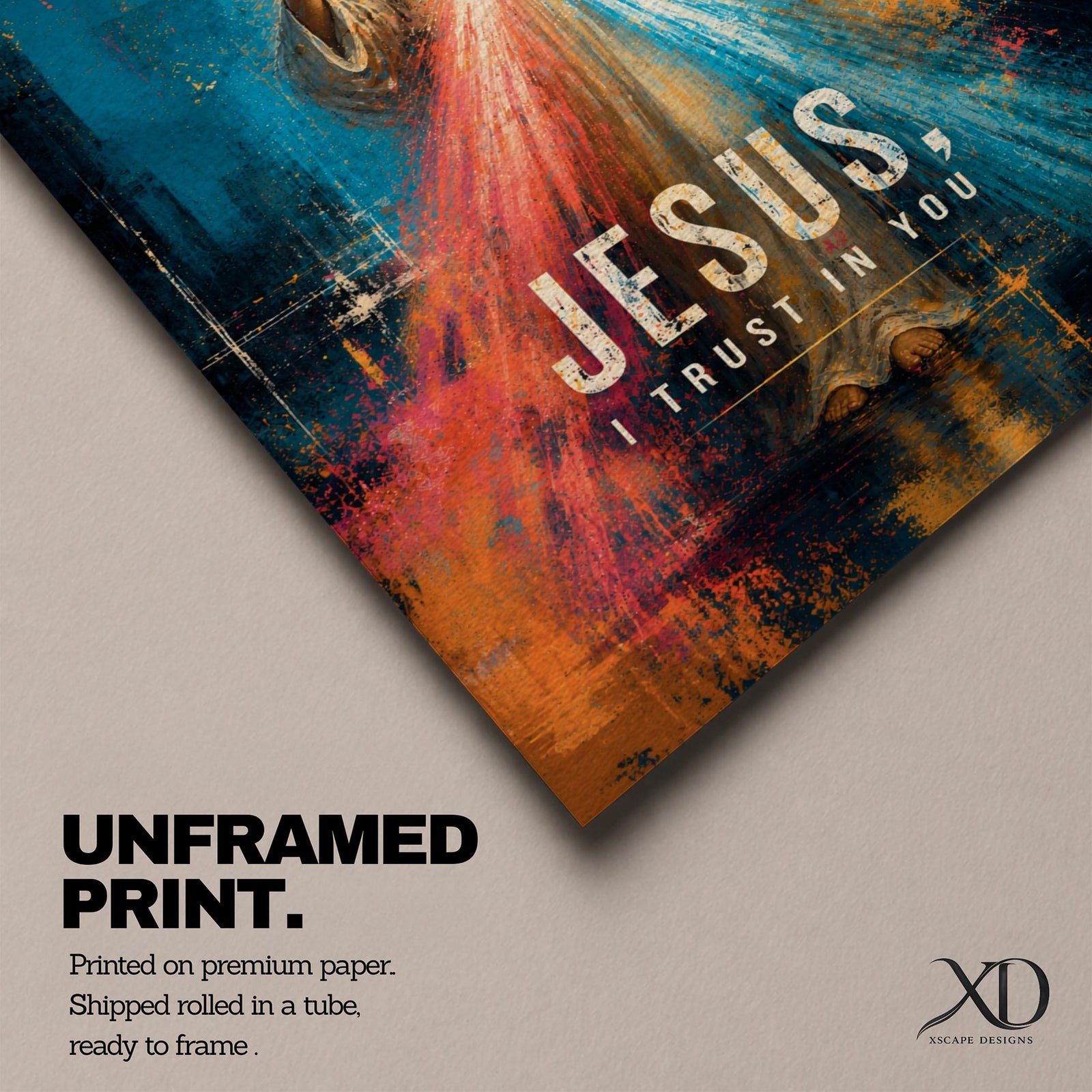 Divine Mercy wall art featuring Jesus Christ with radiant red and blue mercy rays and the words “Jesus, I Trust in You.” This contemporary Christian artwork combines bold abstract textures, vibrant colors, and devotional symbolism, creating an inspiring focal point for faith-filled interiors.