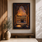 Kaaba wall art viewed through an ornate Islamic arch window overlooking Masjid al Haram at sunset. Featuring the Holy Kaaba, illuminated minarets, and an open Quran in the foreground, this impasto-style Islamic artwork captures a peaceful moment of faith, prayer, and devotion.