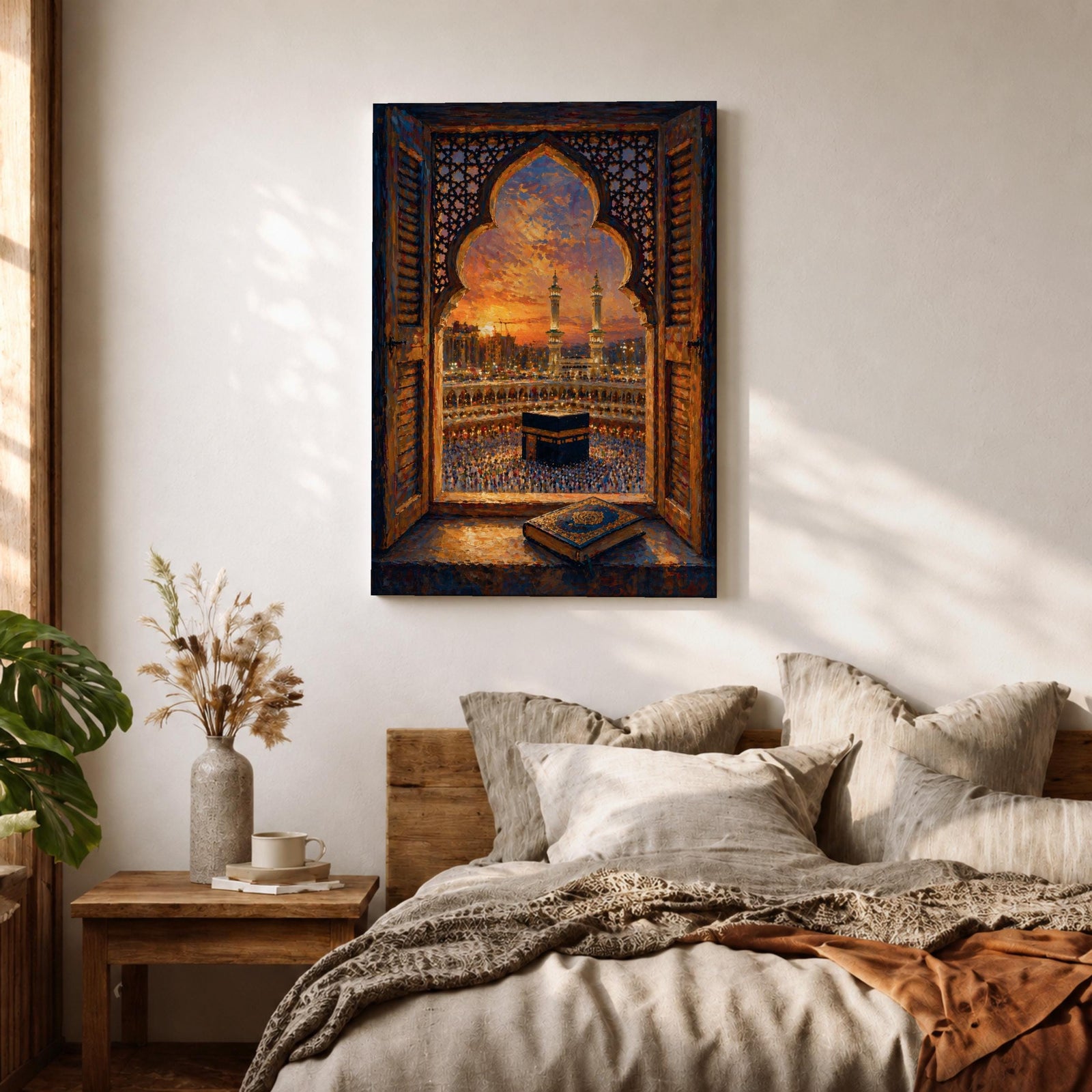 Kaaba wall art viewed through an ornate Islamic arch window overlooking Masjid al Haram at sunset. Featuring the Holy Kaaba, illuminated minarets, and an open Quran in the foreground, this impasto-style Islamic artwork captures a peaceful moment of faith, prayer, and devotion.
