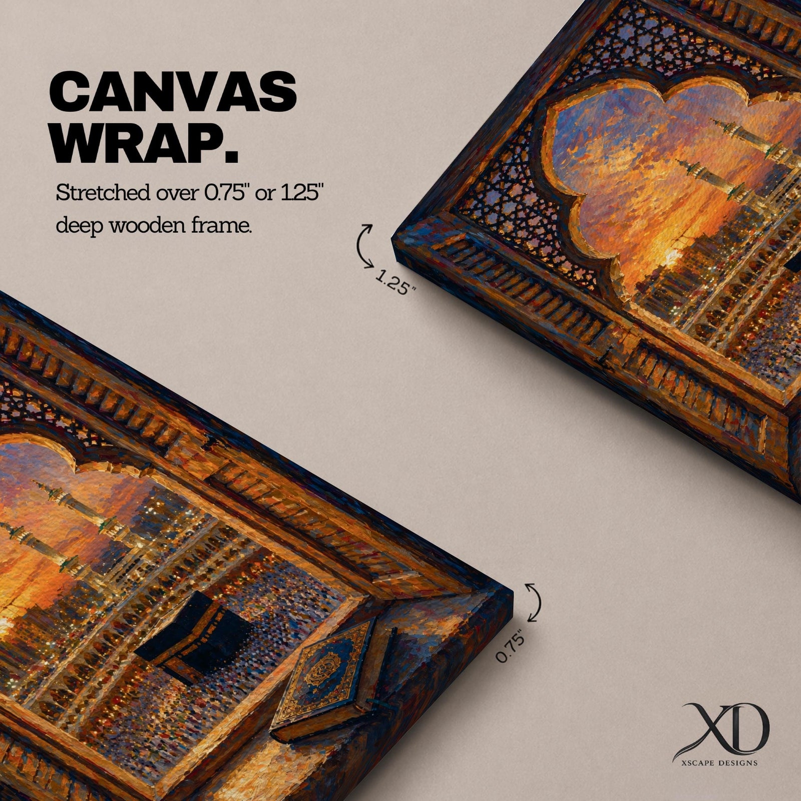 Kaaba wall art viewed through an ornate Islamic arch window overlooking Masjid al Haram at sunset. Featuring the Holy Kaaba, illuminated minarets, and an open Quran in the foreground, this impasto-style Islamic artwork captures a peaceful moment of faith, prayer, and devotion.