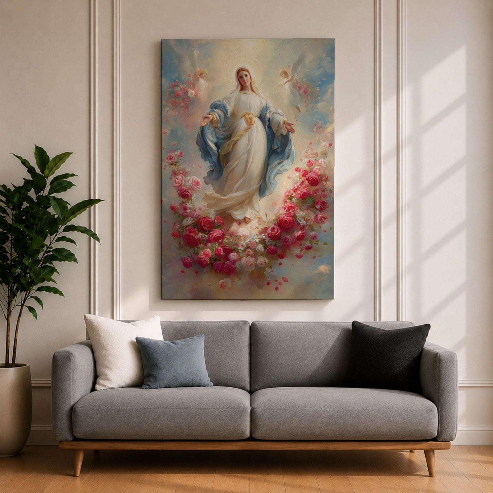 Elegant Virgin Mary wall art featuring Our Lady surrounded by a wreath of blooming pink and white roses, with a radiant floral halo and soft angelic figures floating among pastel clouds. A serene Catholic artwork in romantic colors, perfect for prayer rooms, bedrooms, and faith-inspired home decor.
