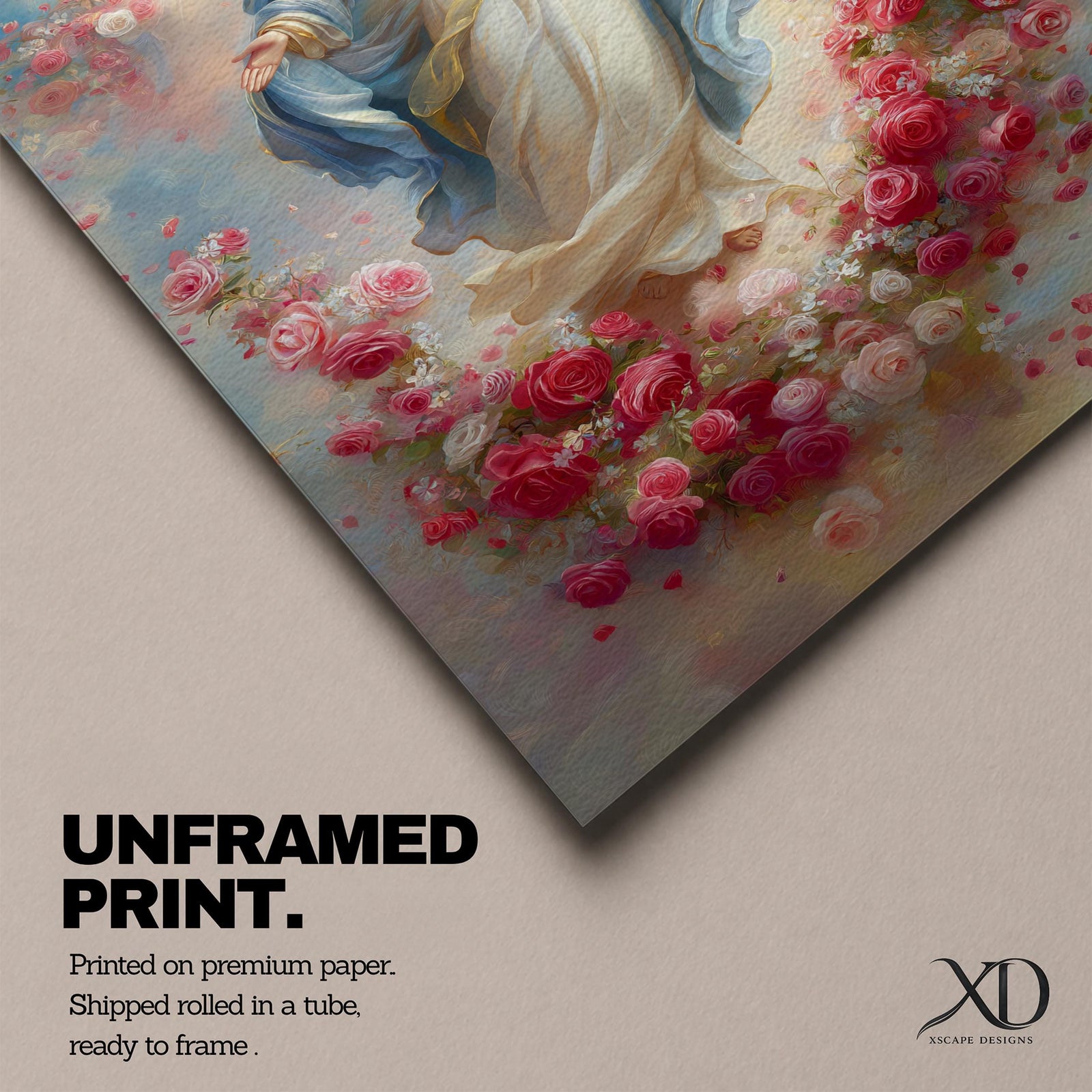 Elegant Virgin Mary wall art featuring Our Lady surrounded by a wreath of blooming pink and white roses, with a radiant floral halo and soft angelic figures floating among pastel clouds. A serene Catholic artwork in romantic colors, perfect for prayer rooms, bedrooms, and faith-inspired home decor.