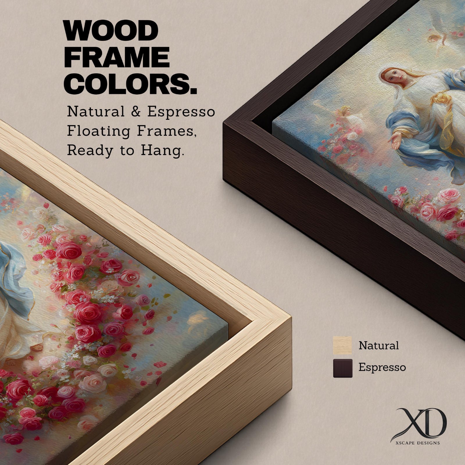 Elegant Virgin Mary wall art featuring Our Lady surrounded by a wreath of blooming pink and white roses, with a radiant floral halo and soft angelic figures floating among pastel clouds. A serene Catholic artwork in romantic colors, perfect for prayer rooms, bedrooms, and faith-inspired home decor.