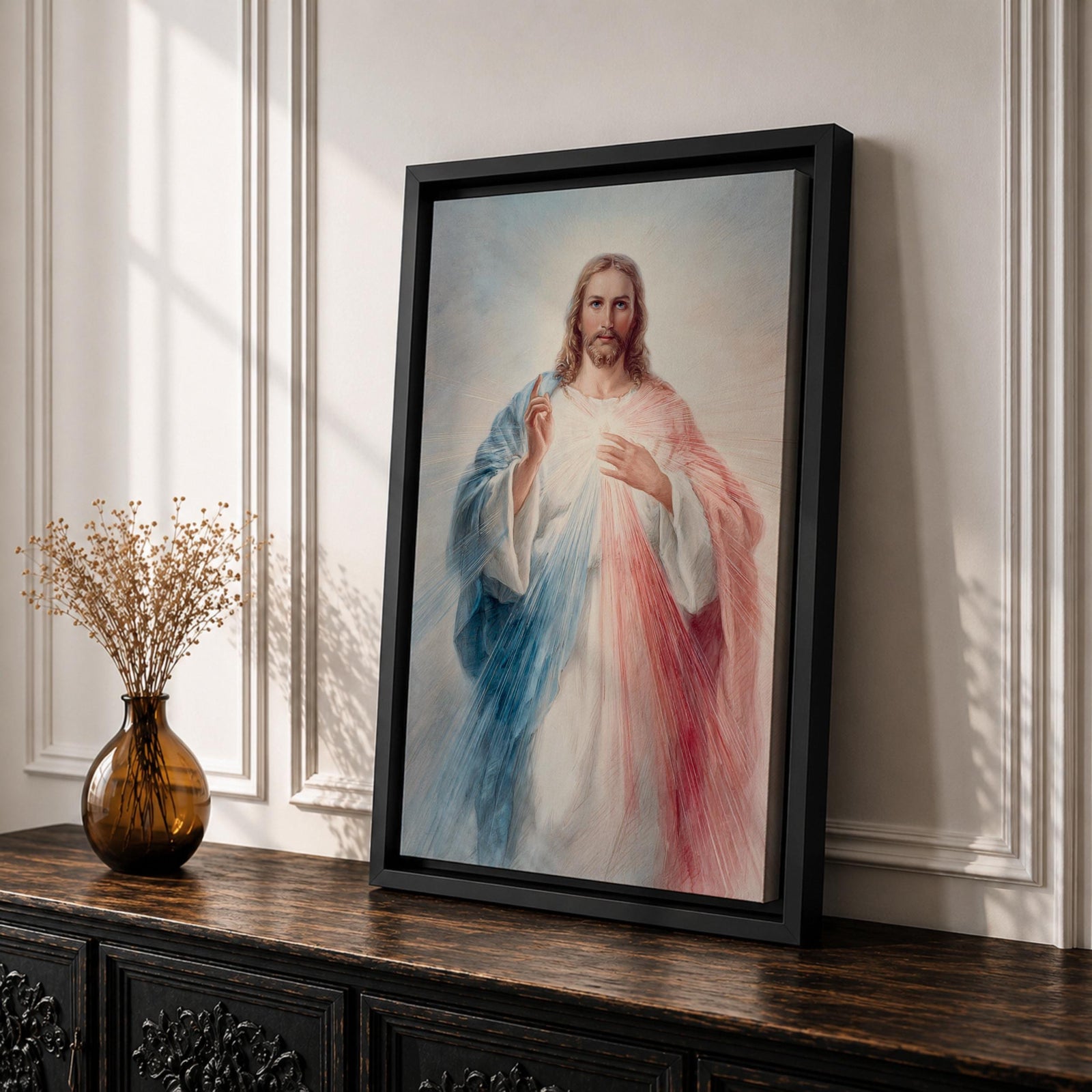 Inspire faith and hope with this Divine Mercy Jesus Wall Art, featuring radiant rays of mercy flowing from Christ in a soft painterly style. This beautiful Christian canvas print brings peace and devotion to prayer rooms, churches, and faith-filled homes.