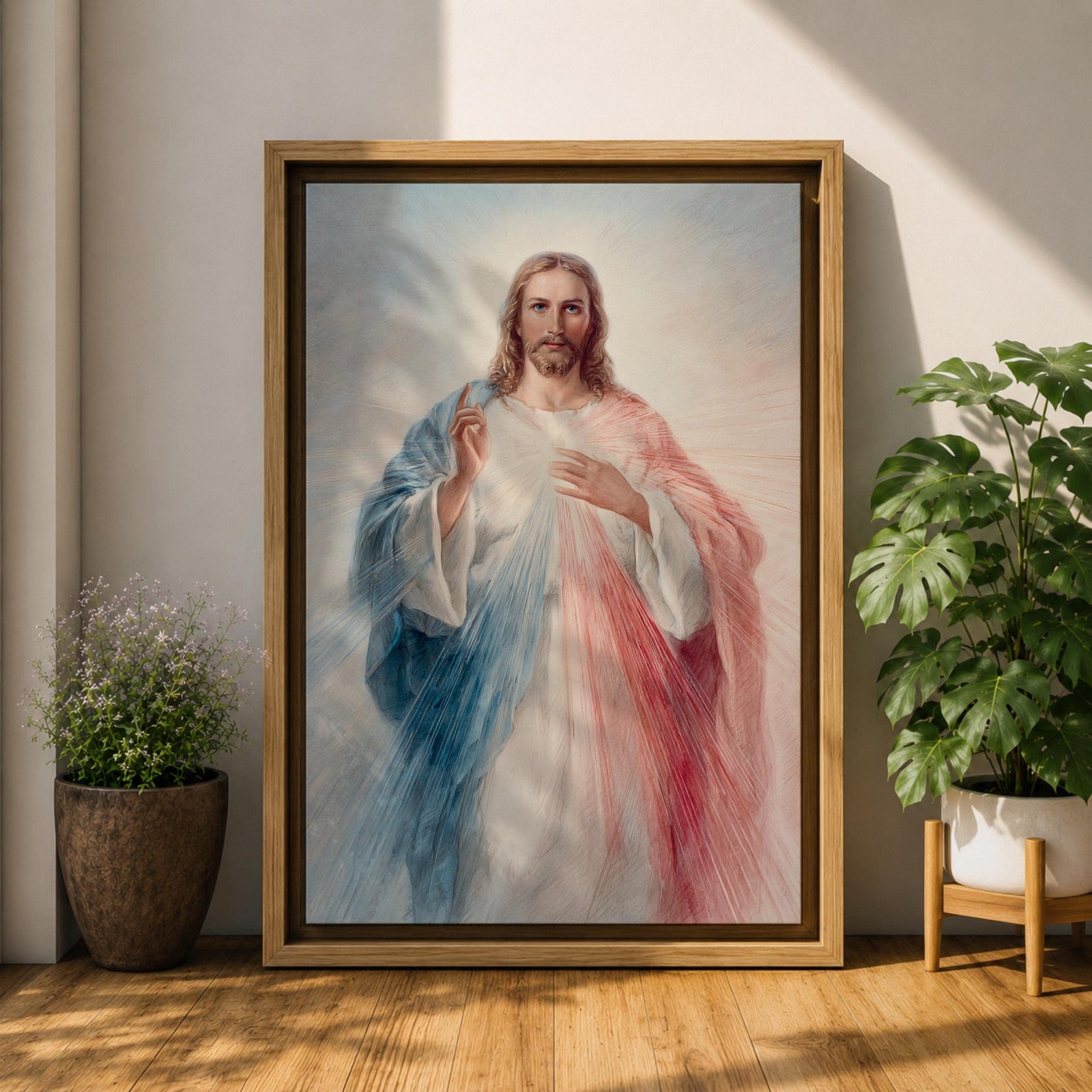 Inspire faith and hope with this Divine Mercy Jesus Wall Art, featuring radiant rays of mercy flowing from Christ in a soft painterly style. This beautiful Christian canvas print brings peace and devotion to prayer rooms, churches, and faith-filled homes.